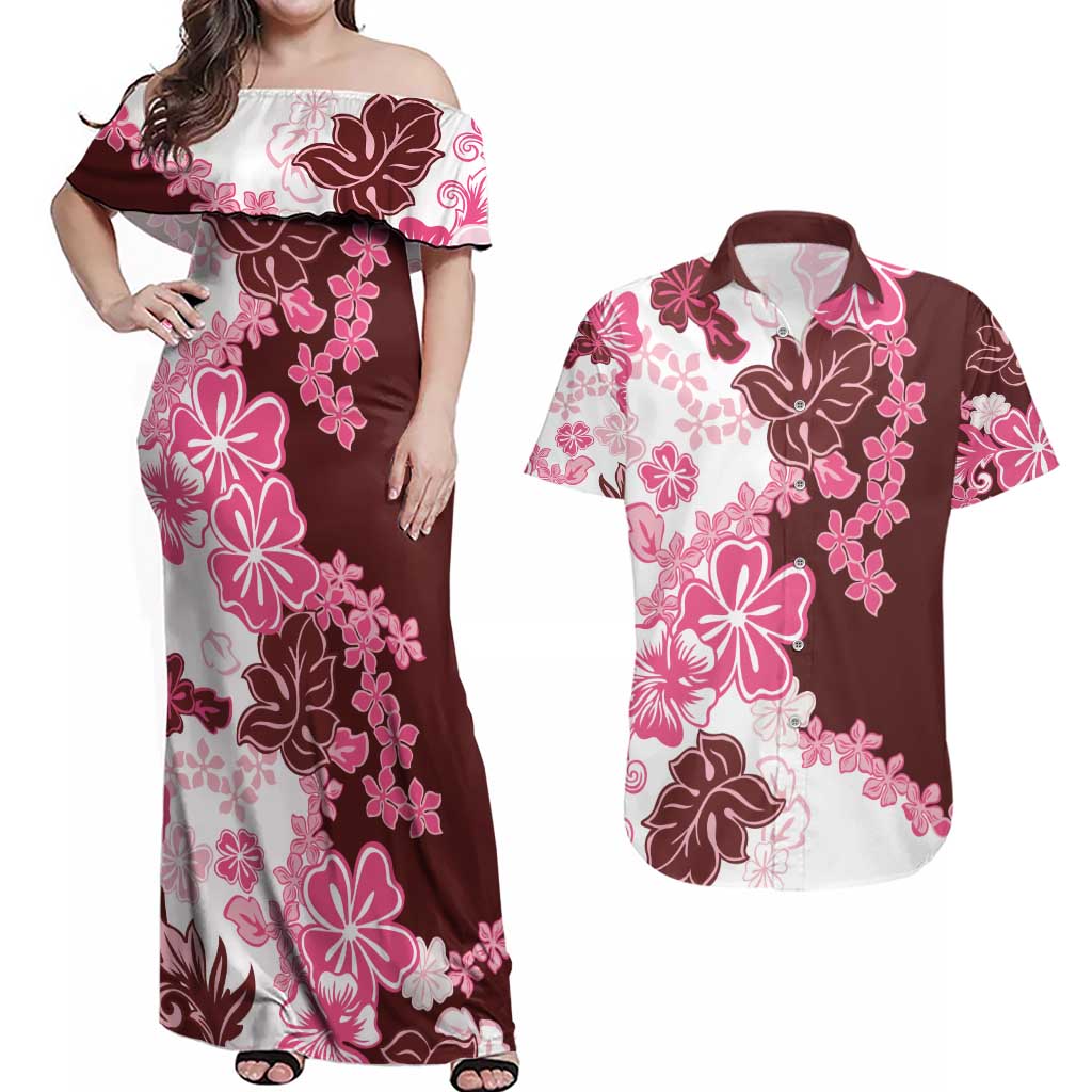 Pink Hibiscus Plumeria Floral Couples Matching Off Shoulder Maxi Dress and Hawaiian Shirt LT01 Pink - Polynesian Pride