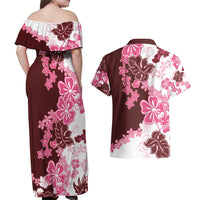Pink Hibiscus Plumeria Floral Couples Matching Off Shoulder Maxi Dress and Hawaiian Shirt LT01 - Polynesian Pride