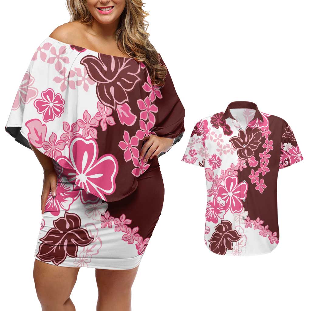 Pink Hibiscus Plumeria Floral Couples Matching Off Shoulder Short Dress and Hawaiian Shirt LT01 Pink - Polynesian Pride