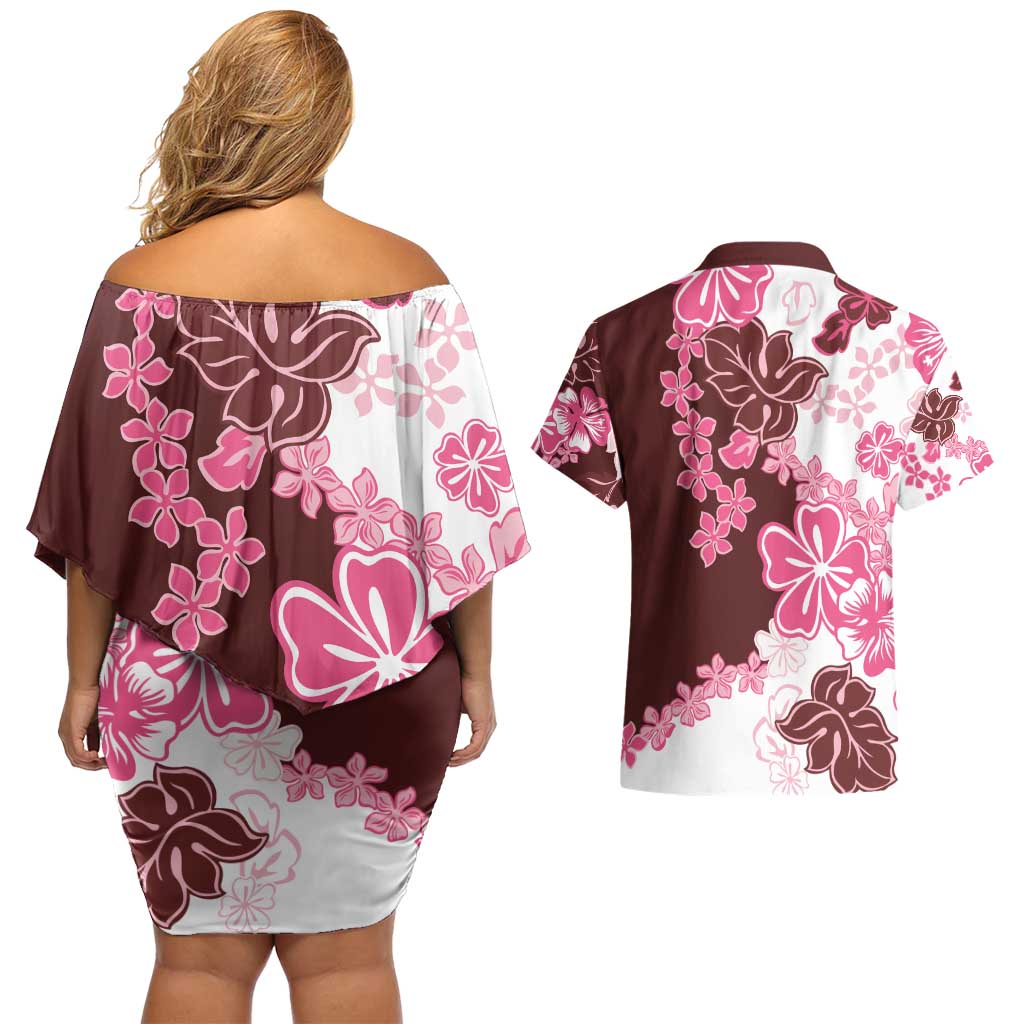 Pink Hibiscus Plumeria Floral Couples Matching Off Shoulder Short Dress and Hawaiian Shirt LT01 - Polynesian Pride