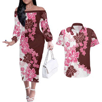 Pink Hibiscus Plumeria Floral Couples Matching Off The Shoulder Long Sleeve Dress and Hawaiian Shirt LT01 Pink - Polynesian Pride