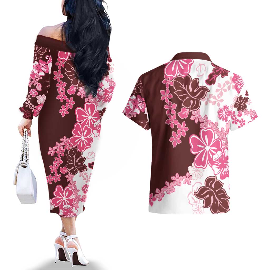 Pink Hibiscus Plumeria Floral Couples Matching Off The Shoulder Long Sleeve Dress and Hawaiian Shirt LT01 - Polynesian Pride