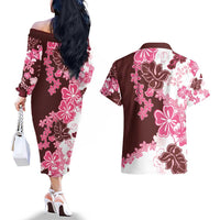 Pink Hibiscus Plumeria Floral Couples Matching Off The Shoulder Long Sleeve Dress and Hawaiian Shirt LT01 - Polynesian Pride