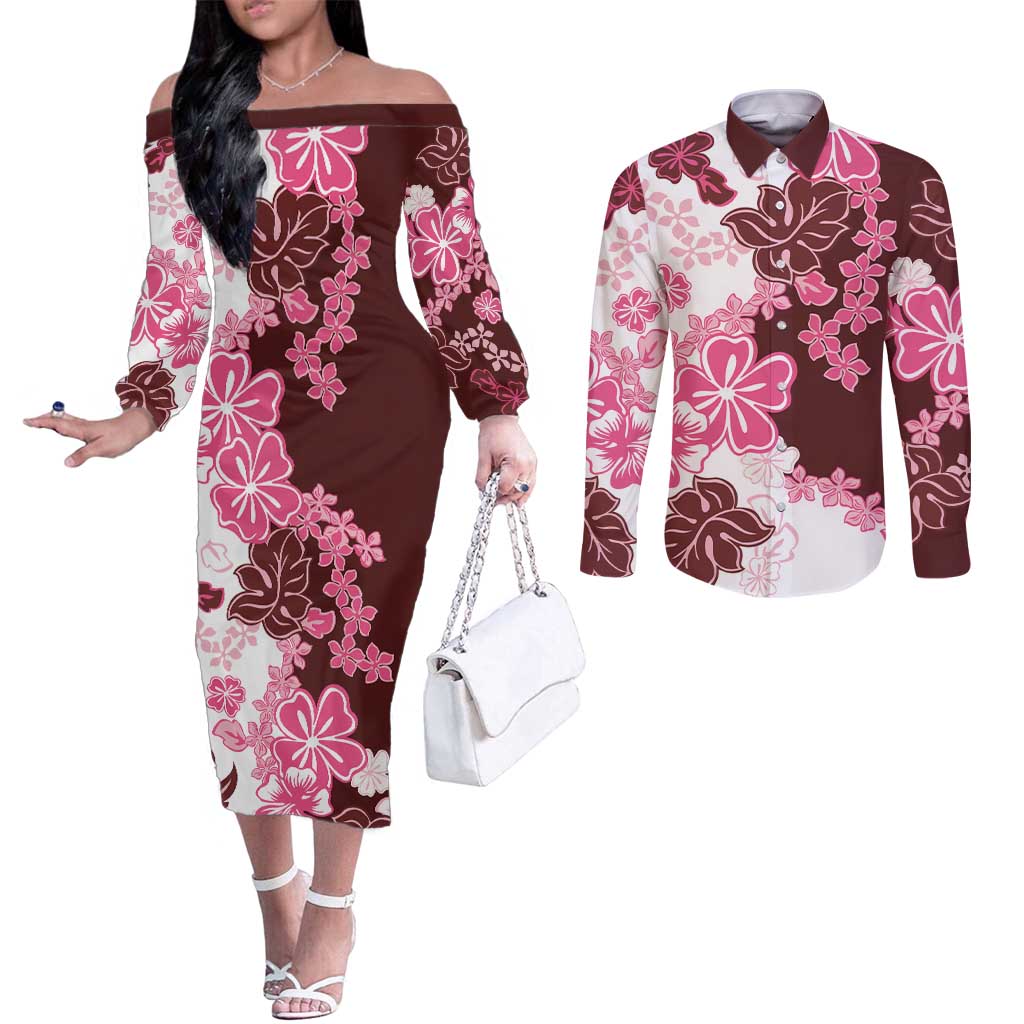 Pink Hibiscus Plumeria Floral Couples Matching Off The Shoulder Long Sleeve Dress and Long Sleeve Button Shirt - Polynesian Pride
