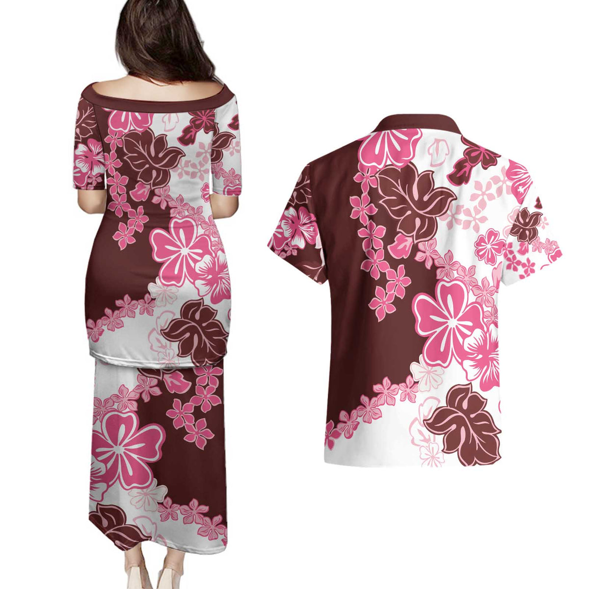 Pink Hibiscus Plumeria Floral Couples Matching Puletasi and Hawaiian Shirt - Polynesian Pride