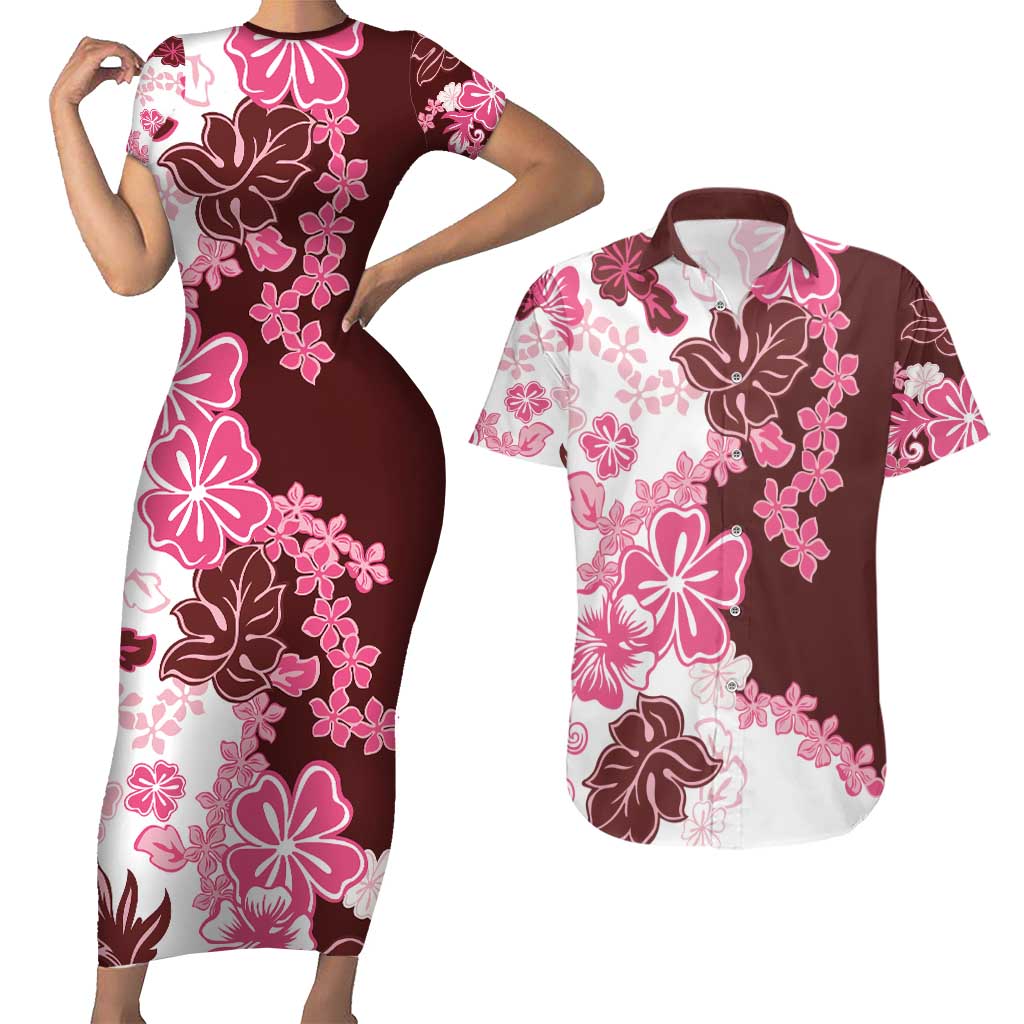 Pink Hibiscus Plumeria Floral Couples Matching Short Sleeve Bodycon Dress and Hawaiian Shirt LT01 Pink - Polynesian Pride