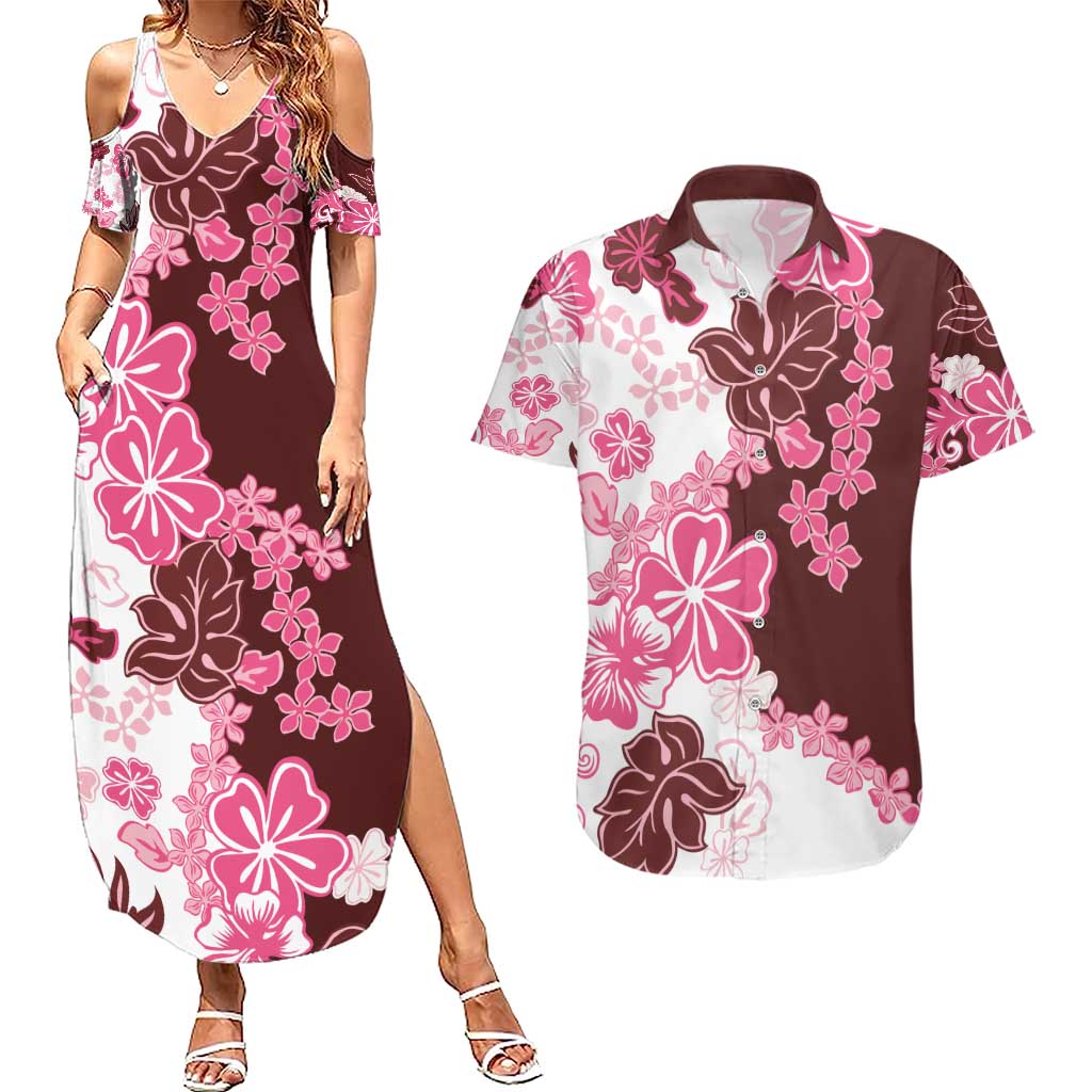 Pink Hibiscus Plumeria Floral Couples Matching Summer Maxi Dress and Hawaiian Shirt LT01 Pink - Polynesian Pride