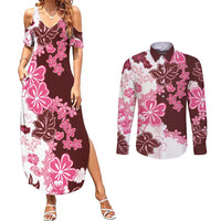 Pink Hibiscus Plumeria Floral Couples Matching Summer Maxi Dress and Long Sleeve Button Shirt - Polynesian Pride