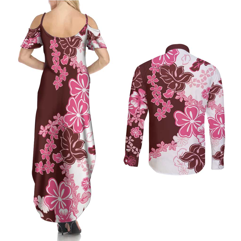 Pink Hibiscus Plumeria Floral Couples Matching Summer Maxi Dress and Long Sleeve Button Shirt - Polynesian Pride