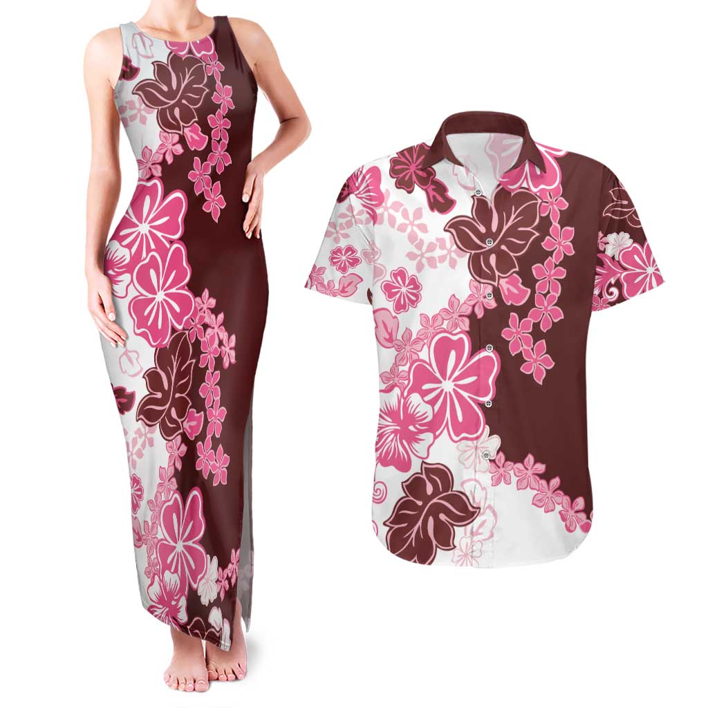 Pink Hibiscus Plumeria Floral Couples Matching Tank Maxi Dress and Hawaiian Shirt LT01 Pink - Polynesian Pride