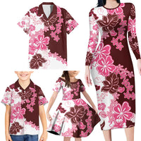 Pink Hibiscus Plumeria Floral Family Matching Long Sleeve Bodycon Dress and Hawaiian Shirt LT01 - Polynesian Pride