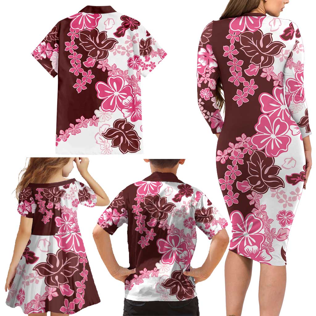 Pink Hibiscus Plumeria Floral Family Matching Long Sleeve Bodycon Dress and Hawaiian Shirt LT01 - Polynesian Pride