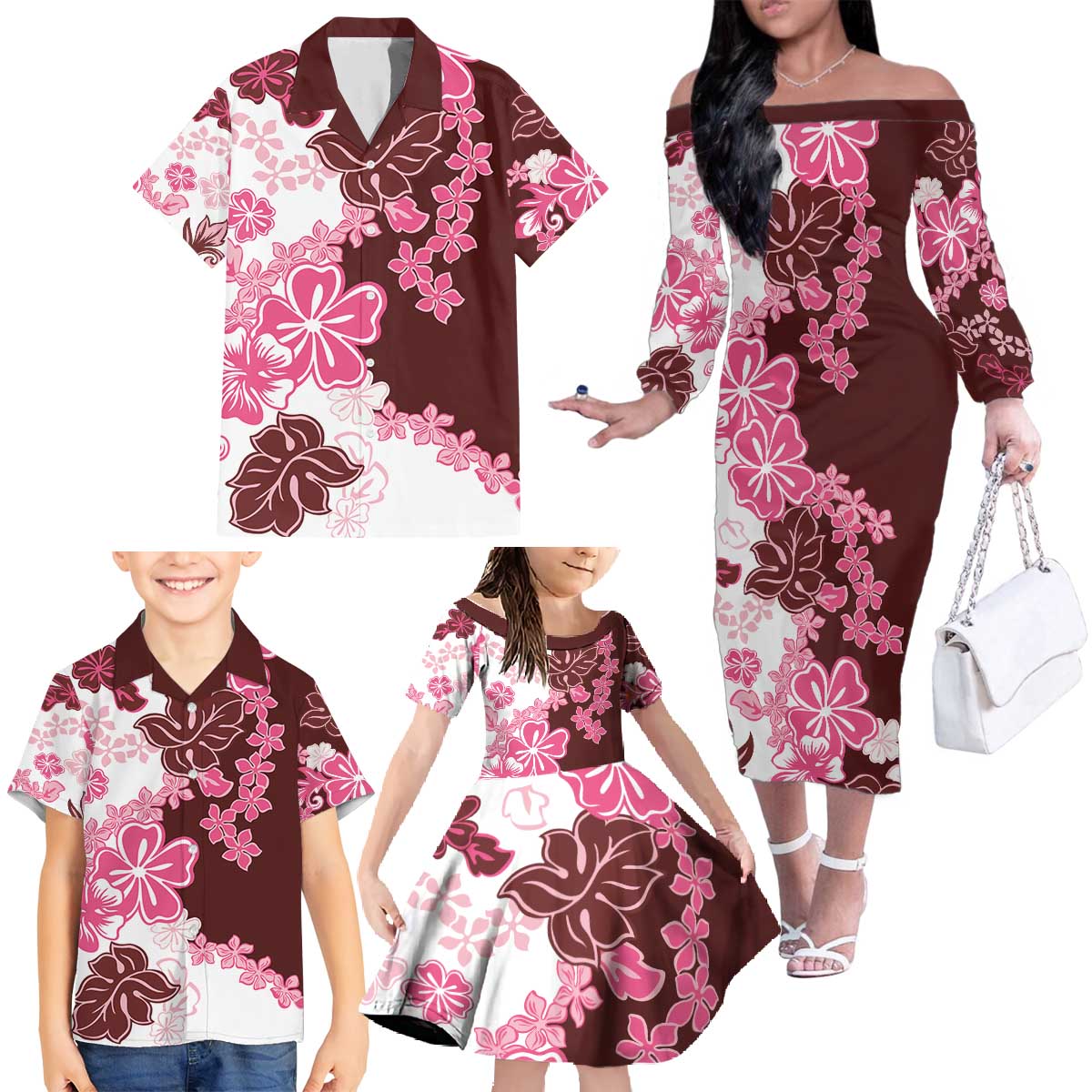 Pink Hibiscus Plumeria Floral Family Matching Off The Shoulder Long Sleeve Dress and Hawaiian Shirt LT01 - Polynesian Pride