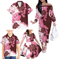 Pink Hibiscus Plumeria Floral Family Matching Off The Shoulder Long Sleeve Dress and Hawaiian Shirt LT01 - Polynesian Pride