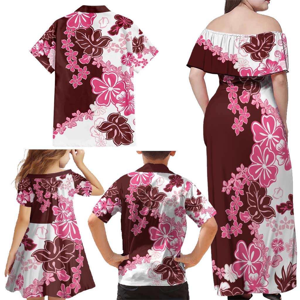 Pink Hibiscus Plumeria Floral Family Matching Off Shoulder Maxi Dress and Hawaiian Shirt LT01 - Polynesian Pride