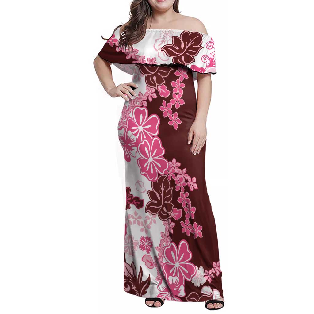 Pink Hibiscus Plumeria Floral Family Matching Off Shoulder Maxi Dress and Hawaiian Shirt LT01 Mom's Dress Pink - Polynesian Pride