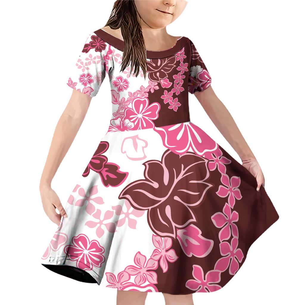 Pink Hibiscus Plumeria Floral Family Matching Off Shoulder Short Dress and Hawaiian Shirt LT01 Daughter's Dress Pink - Polynesian Pride