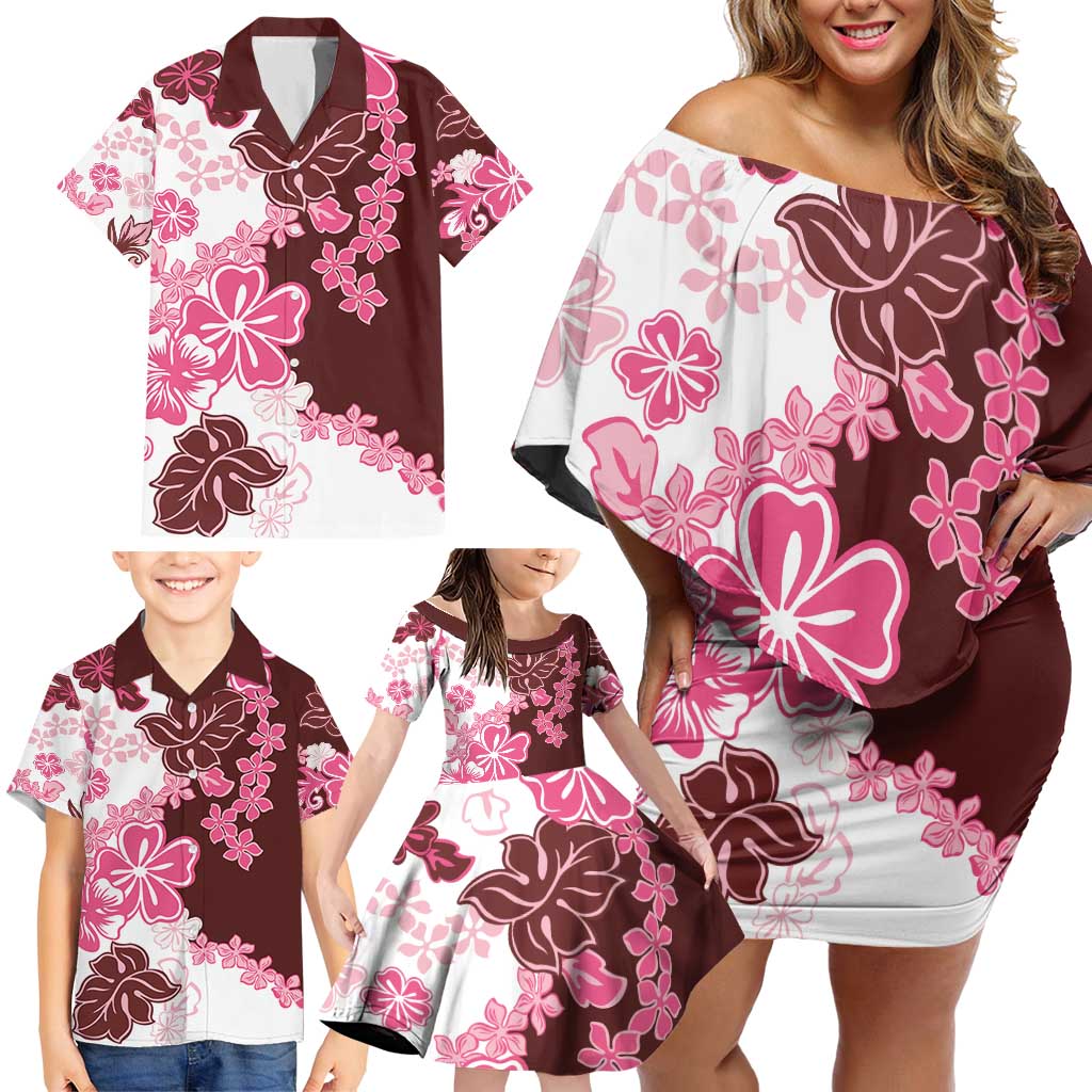 Pink Hibiscus Plumeria Floral Family Matching Off Shoulder Short Dress and Hawaiian Shirt LT01 - Polynesian Pride