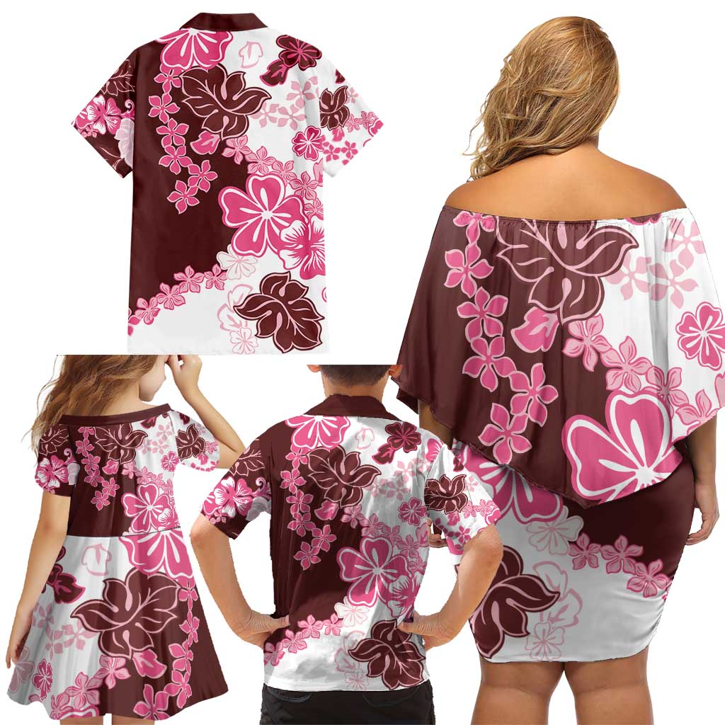 Pink Hibiscus Plumeria Floral Family Matching Off Shoulder Short Dress and Hawaiian Shirt LT01 - Polynesian Pride