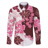 Pink Hibiscus Plumeria Floral Family Matching Off Shoulder Short Dress and Hawaiian Shirt LT01 Dad's Shirt - Long Sleeve Pink - Polynesian Pride