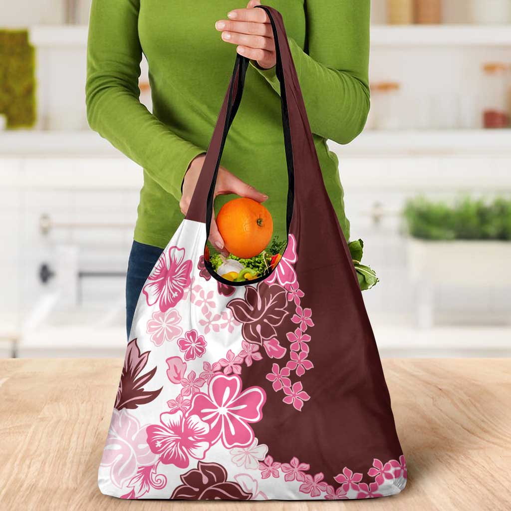 Pink Hibiscus Plumeria Floral Grocery Bag - Polynesian Pride