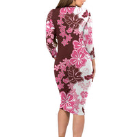 Pink Hibiscus Plumeria Floral Long Sleeve Bodycon Dress - Polynesian Pride
