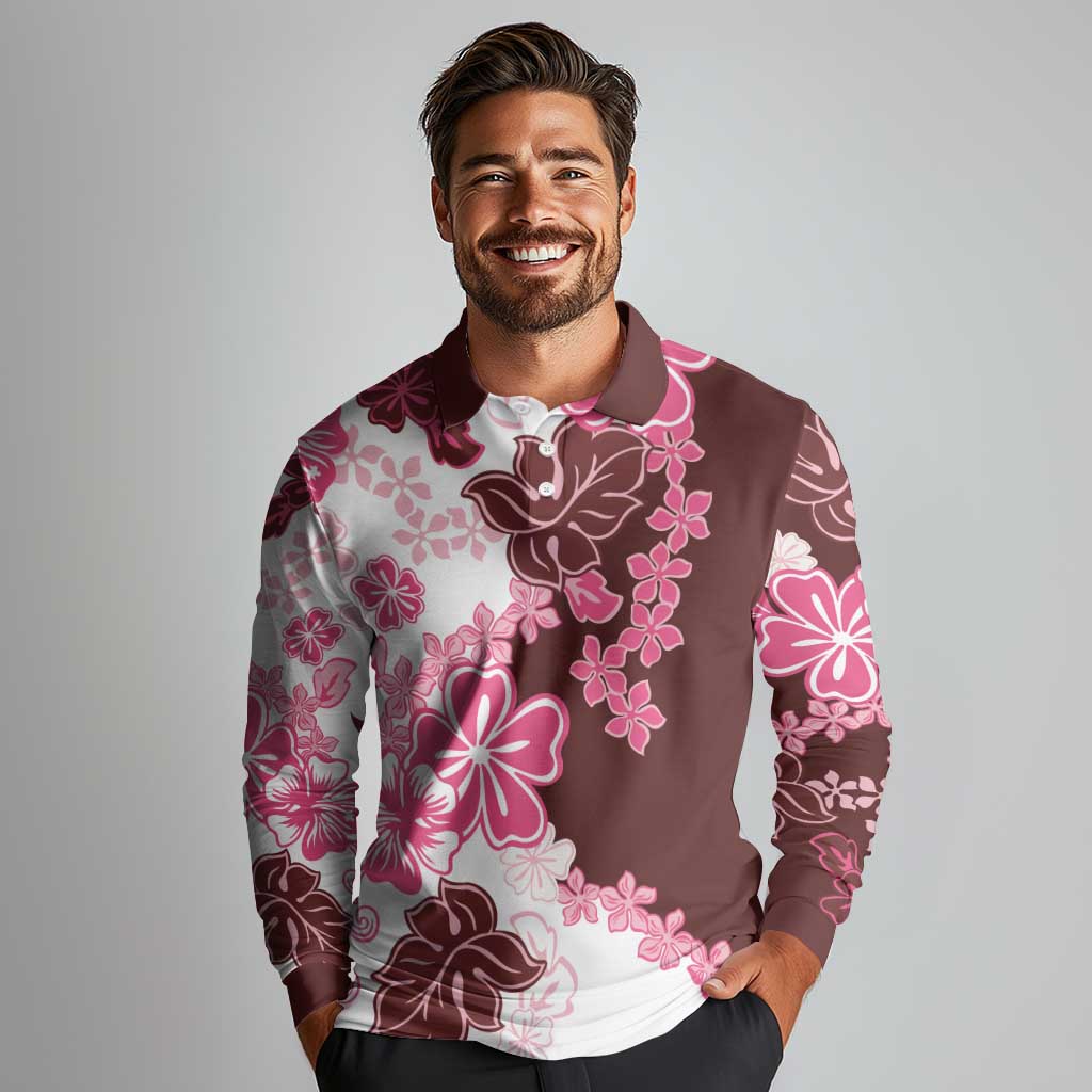 Pink Hibiscus Plumeria Floral Long Sleeve Polo Shirt - Polynesian Pride