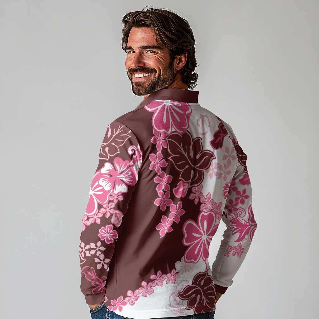 Pink Hibiscus Plumeria Floral Long Sleeve Polo Shirt - Polynesian Pride