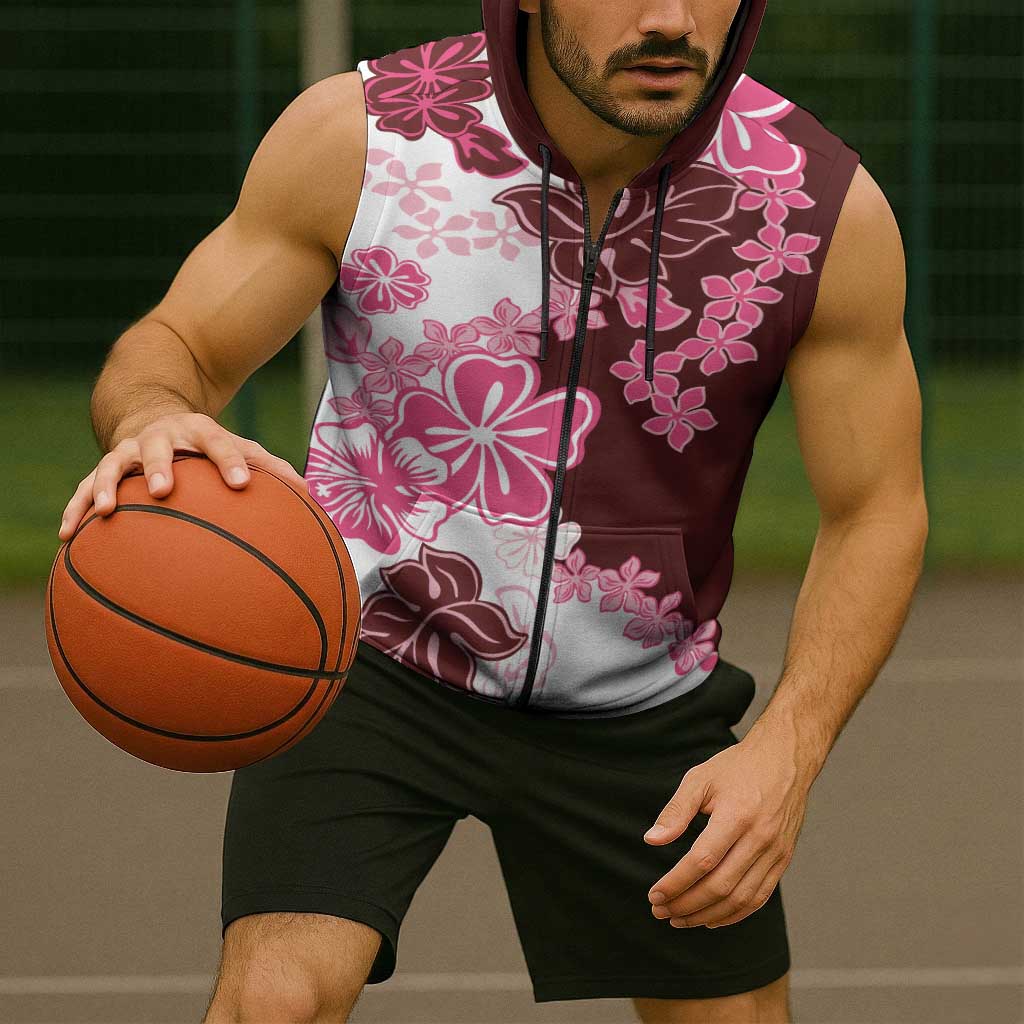 Pink Hibiscus Plumeria Floral Sleeveless Zip Hoodie - Polynesian Pride