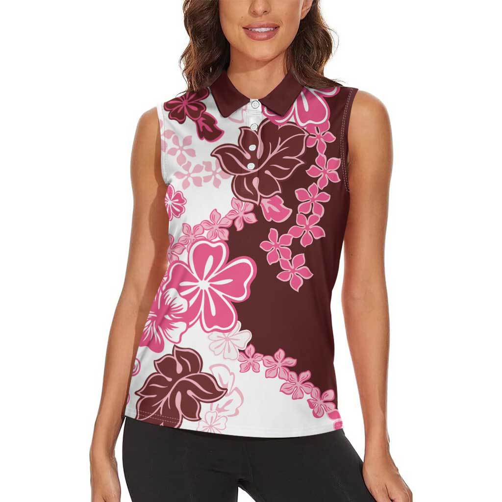 Pink Hibiscus Plumeria Floral Women Sleeveless Polo Shirt - Polynesian Pride