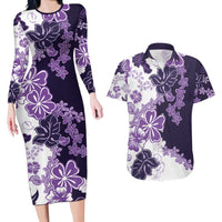 Purple Hibiscus Plumeria Floral Couples Matching Long Sleeve Bodycon Dress and Hawaiian Shirt LT01 Purple - Polynesian Pride