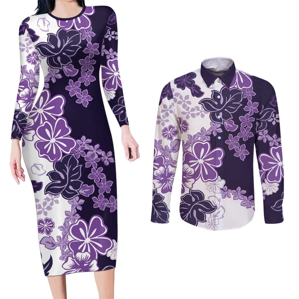 Purple Hibiscus Plumeria Floral Couples Matching Long Sleeve Bodycon Dress and Long Sleeve Button Shirt LT01 Purple - Polynesian Pride