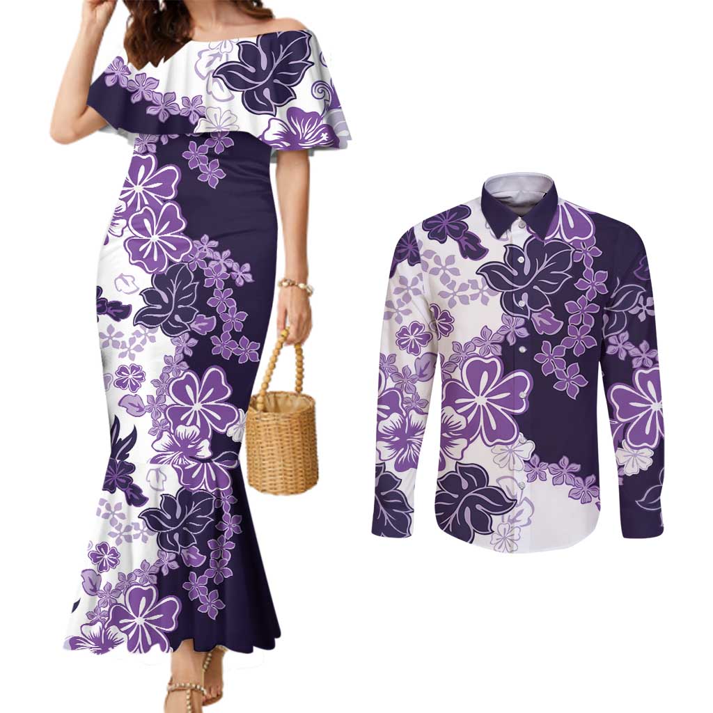 Purple Hibiscus Plumeria Floral Couples Matching Mermaid Dress and Long Sleeve Button Shirt - Polynesian Pride