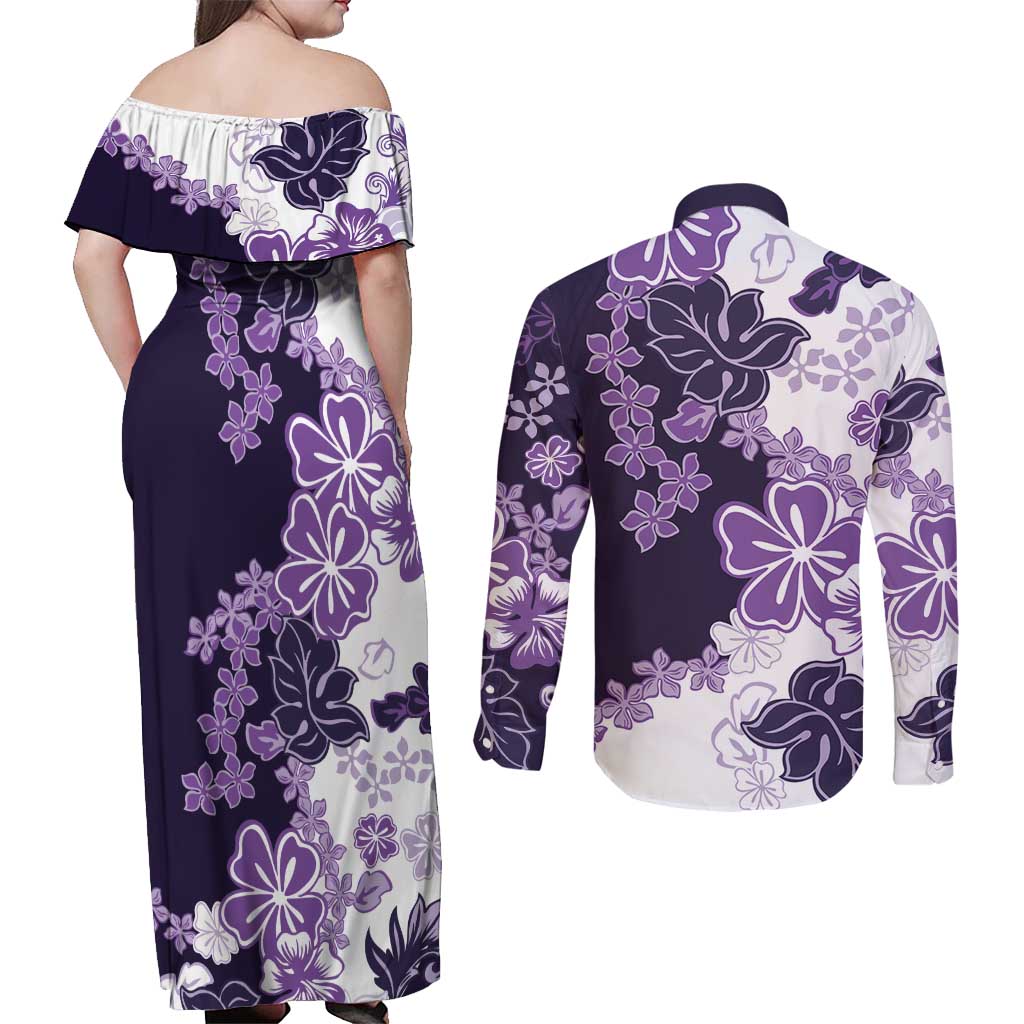 Purple Hibiscus Plumeria Floral Couples Matching Off Shoulder Maxi Dress and Long Sleeve Button Shirt LT01 - Polynesian Pride