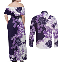 Purple Hibiscus Plumeria Floral Couples Matching Off Shoulder Maxi Dress and Long Sleeve Button Shirt LT01 - Polynesian Pride