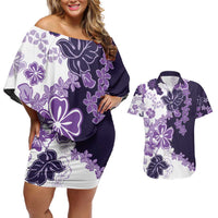 Purple Hibiscus Plumeria Floral Couples Matching Off Shoulder Short Dress and Hawaiian Shirt LT01 Purple - Polynesian Pride