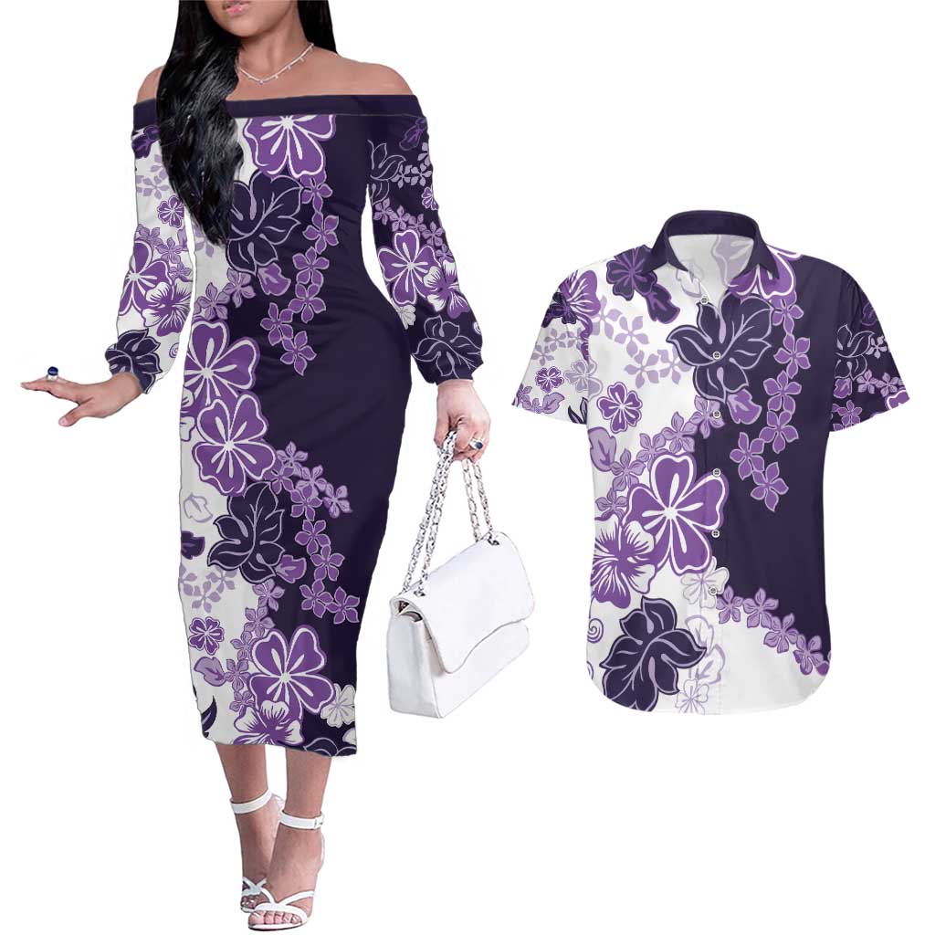 Purple Hibiscus Plumeria Floral Couples Matching Off The Shoulder Long Sleeve Dress and Hawaiian Shirt LT01 Purple - Polynesian Pride