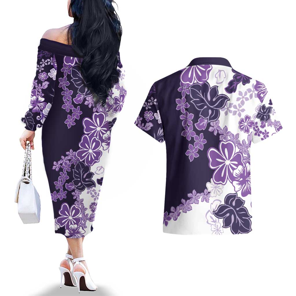 Purple Hibiscus Plumeria Floral Couples Matching Off The Shoulder Long Sleeve Dress and Hawaiian Shirt LT01 - Polynesian Pride