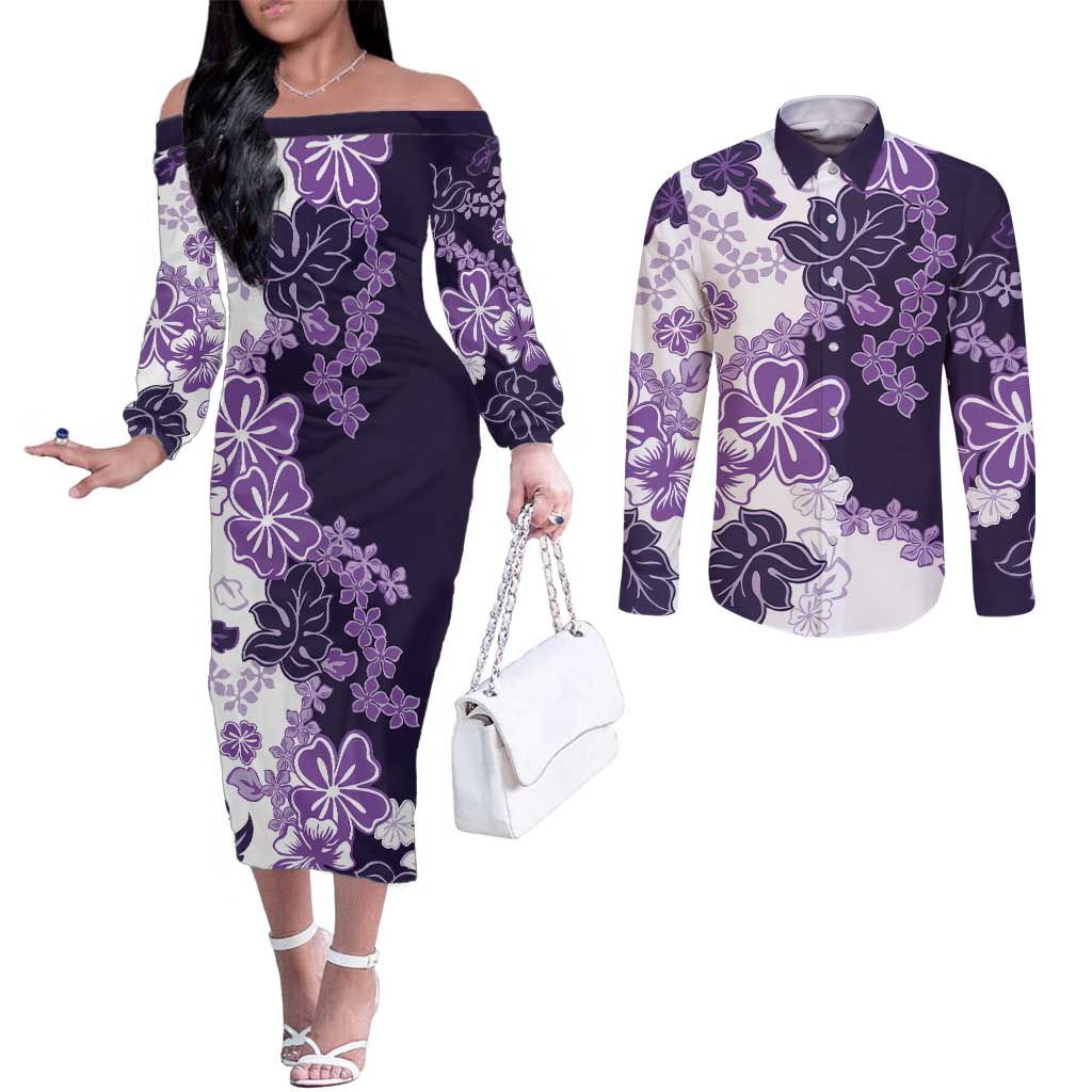 Purple Hibiscus Plumeria Floral Couples Matching Off The Shoulder Long Sleeve Dress and Long Sleeve Button Shirt LT01 Purple - Polynesian Pride
