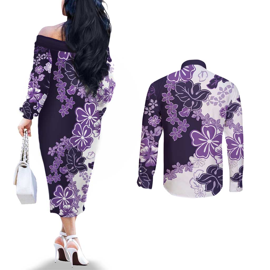 Purple Hibiscus Plumeria Floral Couples Matching Off The Shoulder Long Sleeve Dress and Long Sleeve Button Shirt LT01 - Polynesian Pride