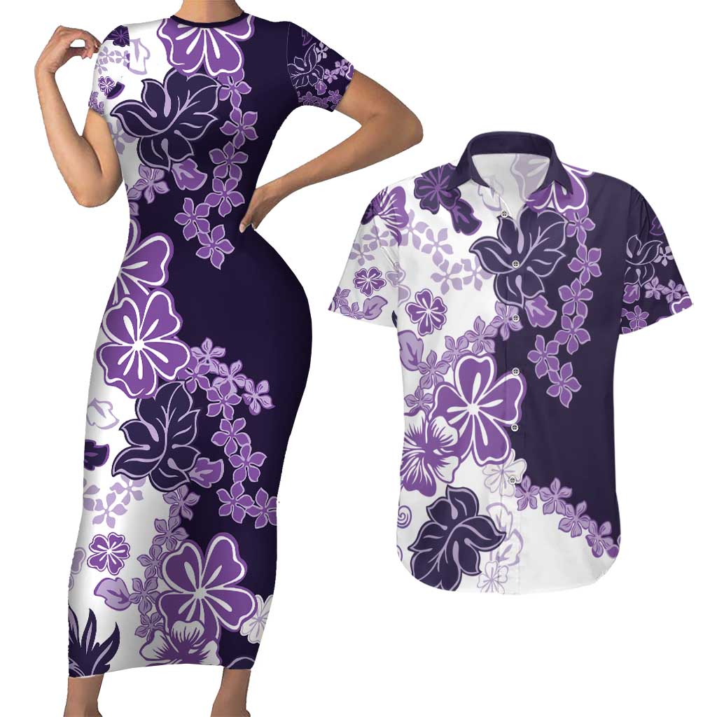 Purple Hibiscus Plumeria Floral Couples Matching Short Sleeve Bodycon Dress and Hawaiian Shirt LT01 Purple - Polynesian Pride