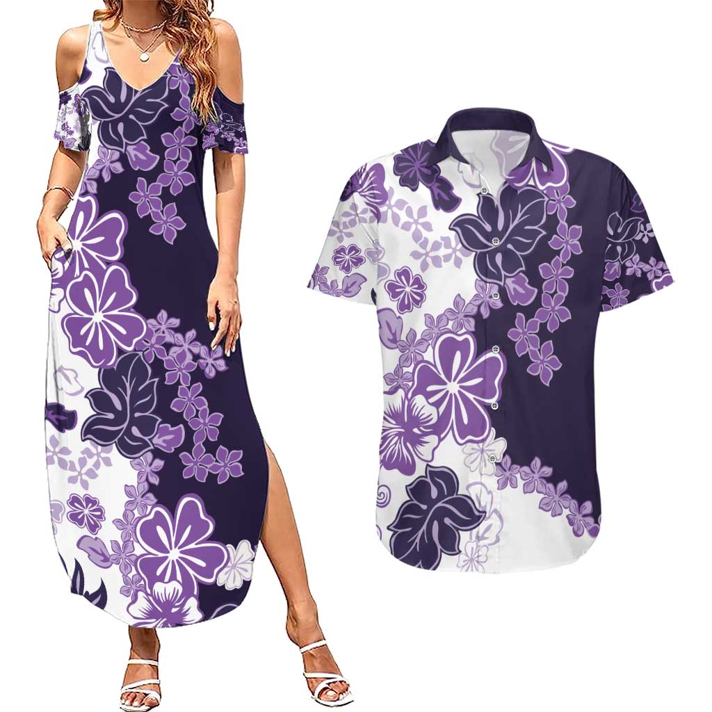 Purple Hibiscus Plumeria Floral Couples Matching Summer Maxi Dress and Hawaiian Shirt LT01 Purple - Polynesian Pride