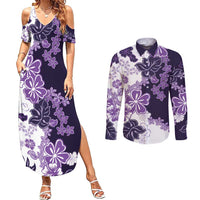Purple Hibiscus Plumeria Floral Couples Matching Summer Maxi Dress and Long Sleeve Button Shirt LT01 Purple - Polynesian Pride