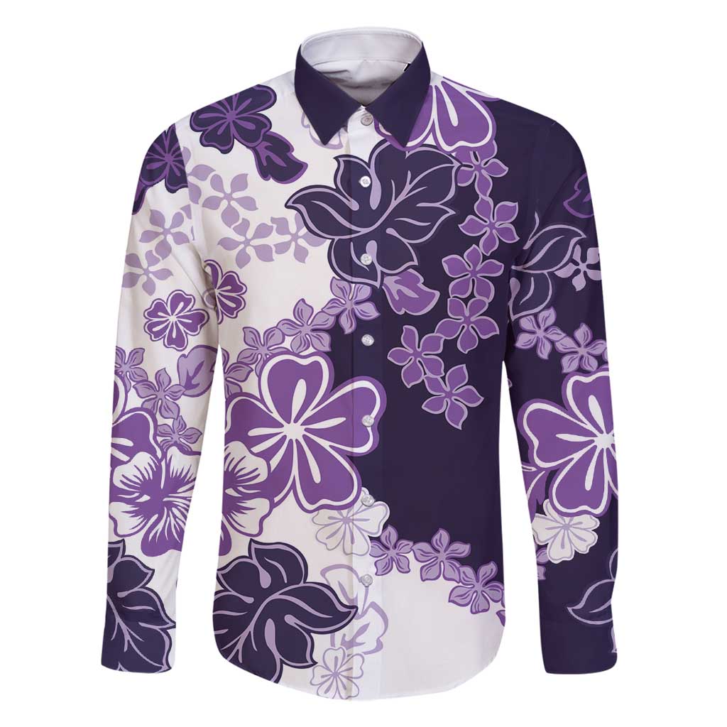 Purple Hibiscus Plumeria Floral Family Matching Long Sleeve Bodycon Dress and Hawaiian Shirt LT01 Dad's Shirt - Long Sleeve Purple - Polynesian Pride