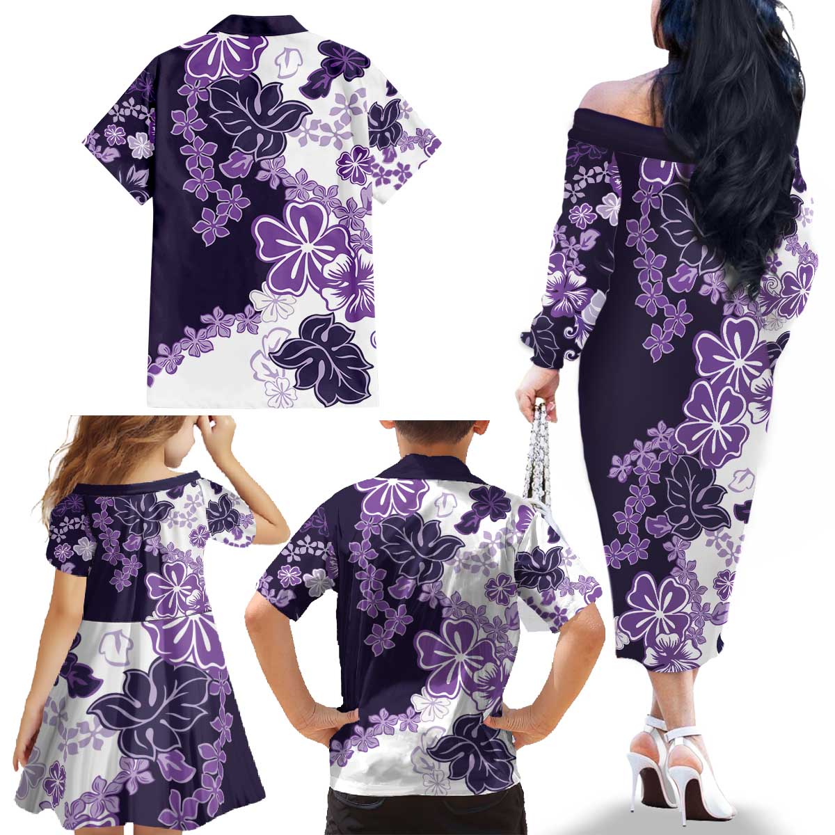 Purple Hibiscus Plumeria Floral Family Matching Off The Shoulder Long Sleeve Dress and Hawaiian Shirt LT01 - Polynesian Pride