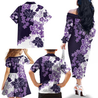 Purple Hibiscus Plumeria Floral Family Matching Off The Shoulder Long Sleeve Dress and Hawaiian Shirt LT01 - Polynesian Pride