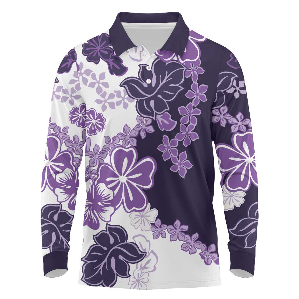 Purple Hibiscus Plumeria Floral Long Sleeve Polo Shirt LT01 Purple - Polynesian Pride