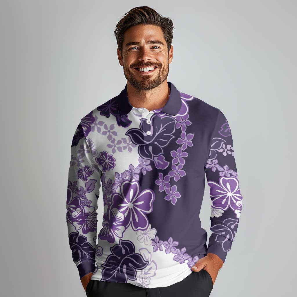 Purple Hibiscus Plumeria Floral Long Sleeve Polo Shirt LT01 - Polynesian Pride
