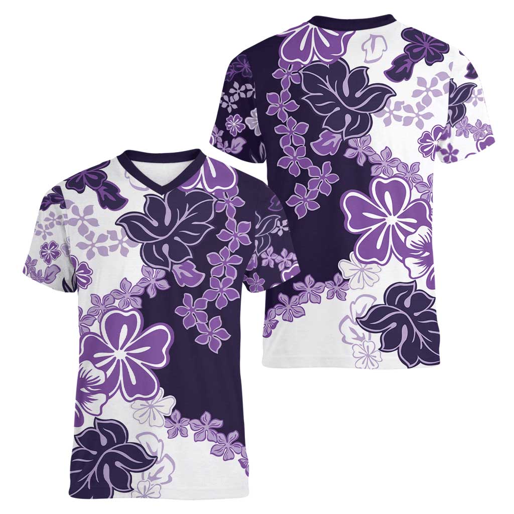 Purple Hibiscus Plumeria Floral Women V-Neck T-Shirt LT01 - Polynesian Pride