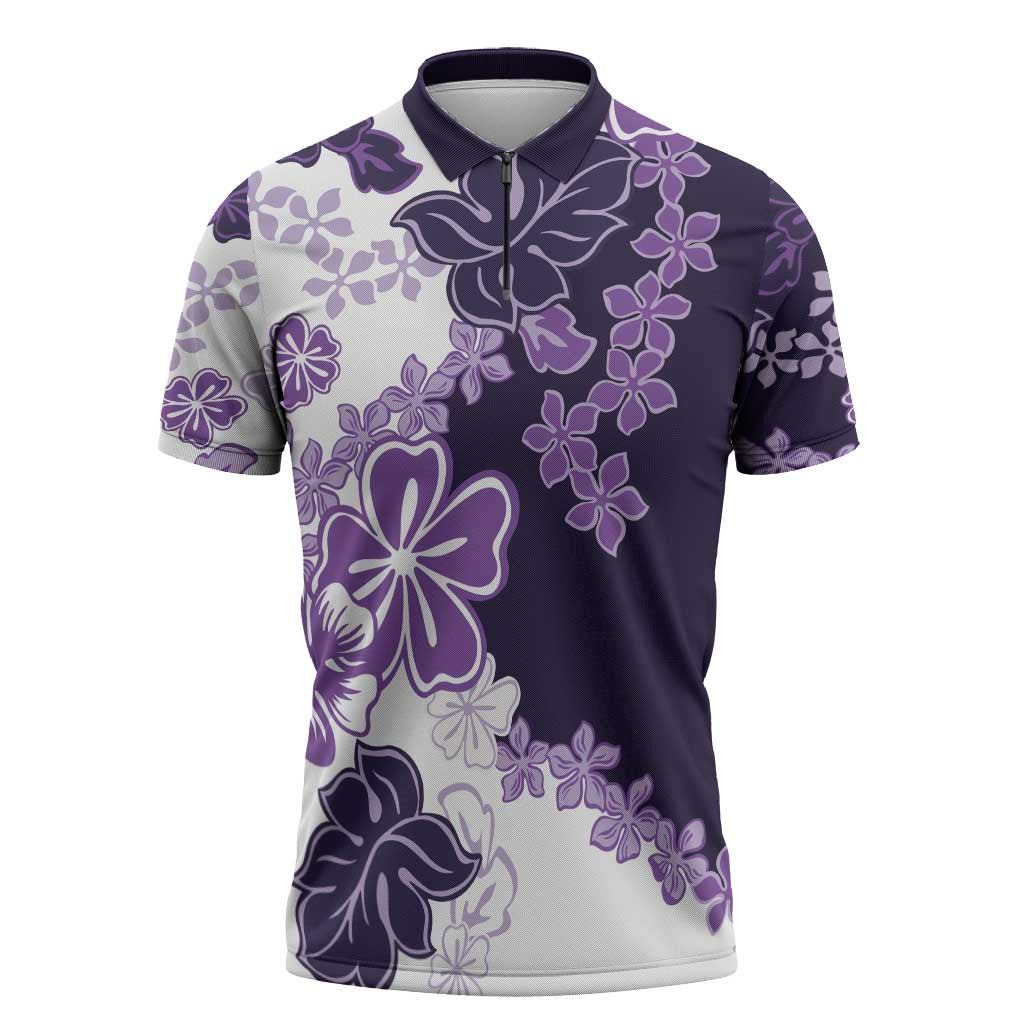Purple Hibiscus Plumeria Floral Zipper Polo Shirt LT01 Purple - Polynesian Pride
